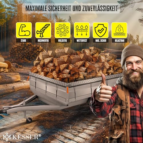 KESSER® Anhängernetz 2x3m feinmaschig | Hängernetz mit Spannseil & Netzkordel | Containernetz für Ladungssicherung | Sicherungs-Netz Eckmarkierungen Expander-Haken & Befestigungsknöpfen Schwarz