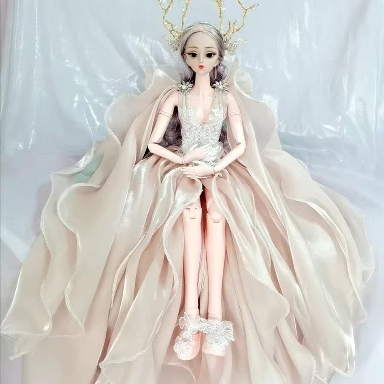 QuexomaYolvRy 1/3 BJD Doll, Fairy Deer Doll 24Inches Ball Jointed Doll with Antlers Headdress Clothes Shoes Basic Makeup Stand, Gift for Girls (Champagne Color)