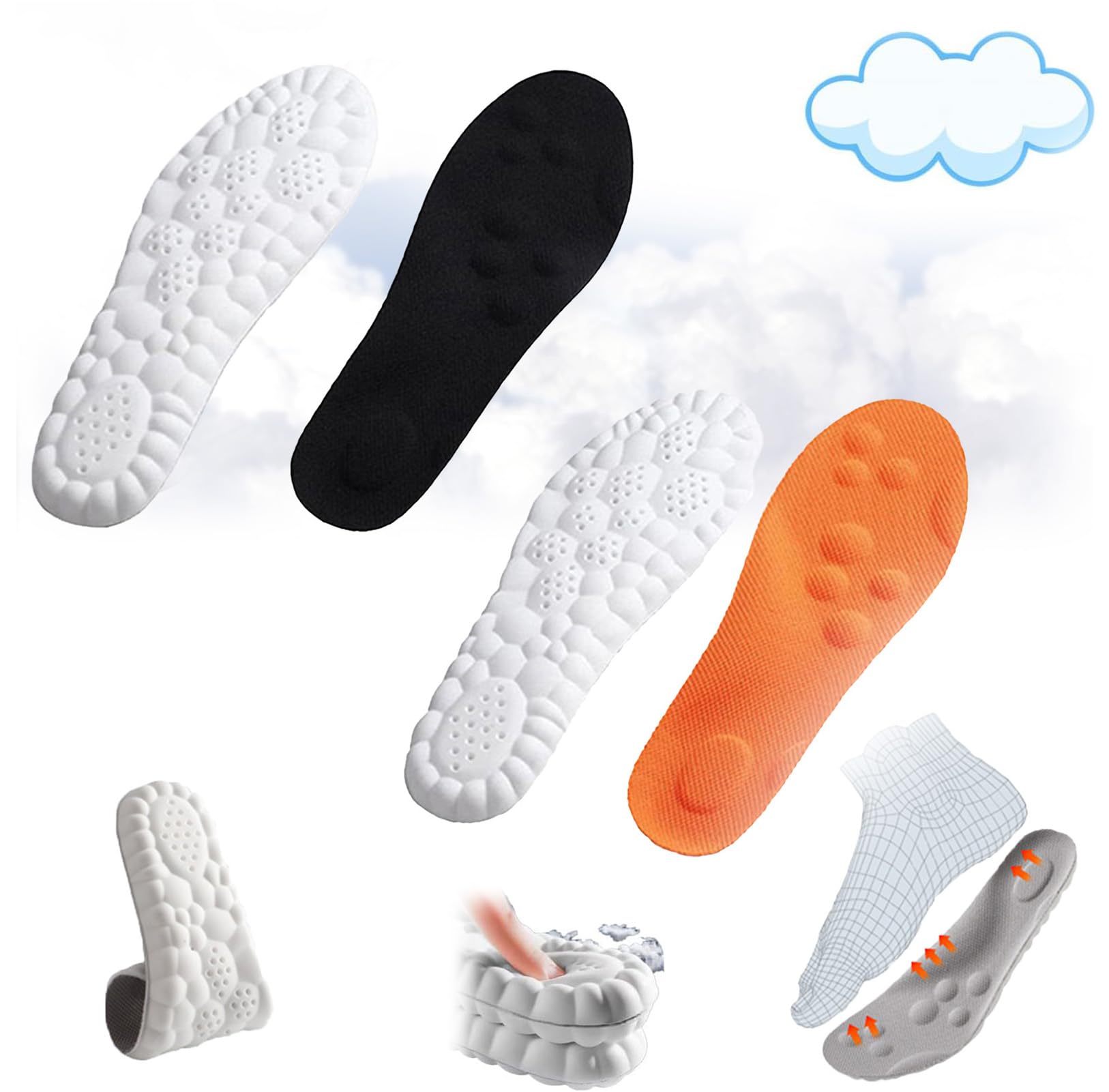 Besaturate 4d Insoles, 4D Cloud Technology Insole, Shimogai 4d Soles, 4D Cloud Technology Insole - Super Soft,U-Shape Memory Foam Sports Breathable Shock Absorption Insoles (43-44, 2 Pcs Black*Orange)