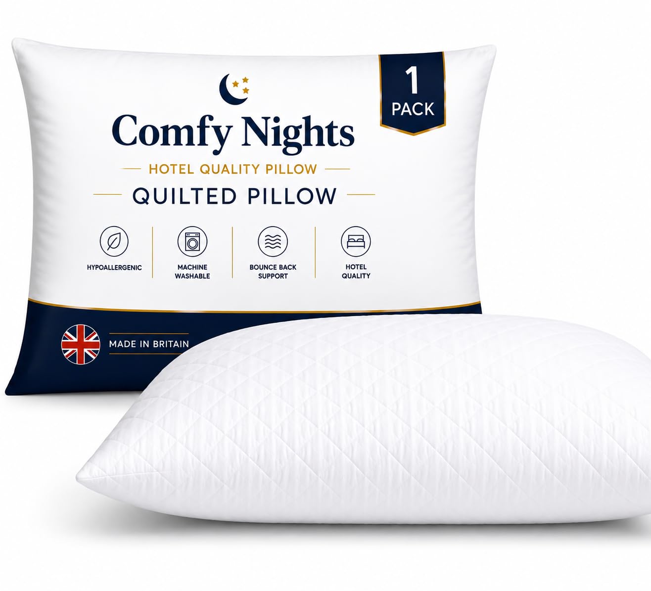 Comfy Nights Hotel Quality Pillows Pack of 1 – Soft Hollowfibre Filled Bed Pillows, Hypoallergenic Bounce Back Support, Quilted Cover, Anti-Allergy Pillows for Side, Back & Front Sleepers Pack of 1