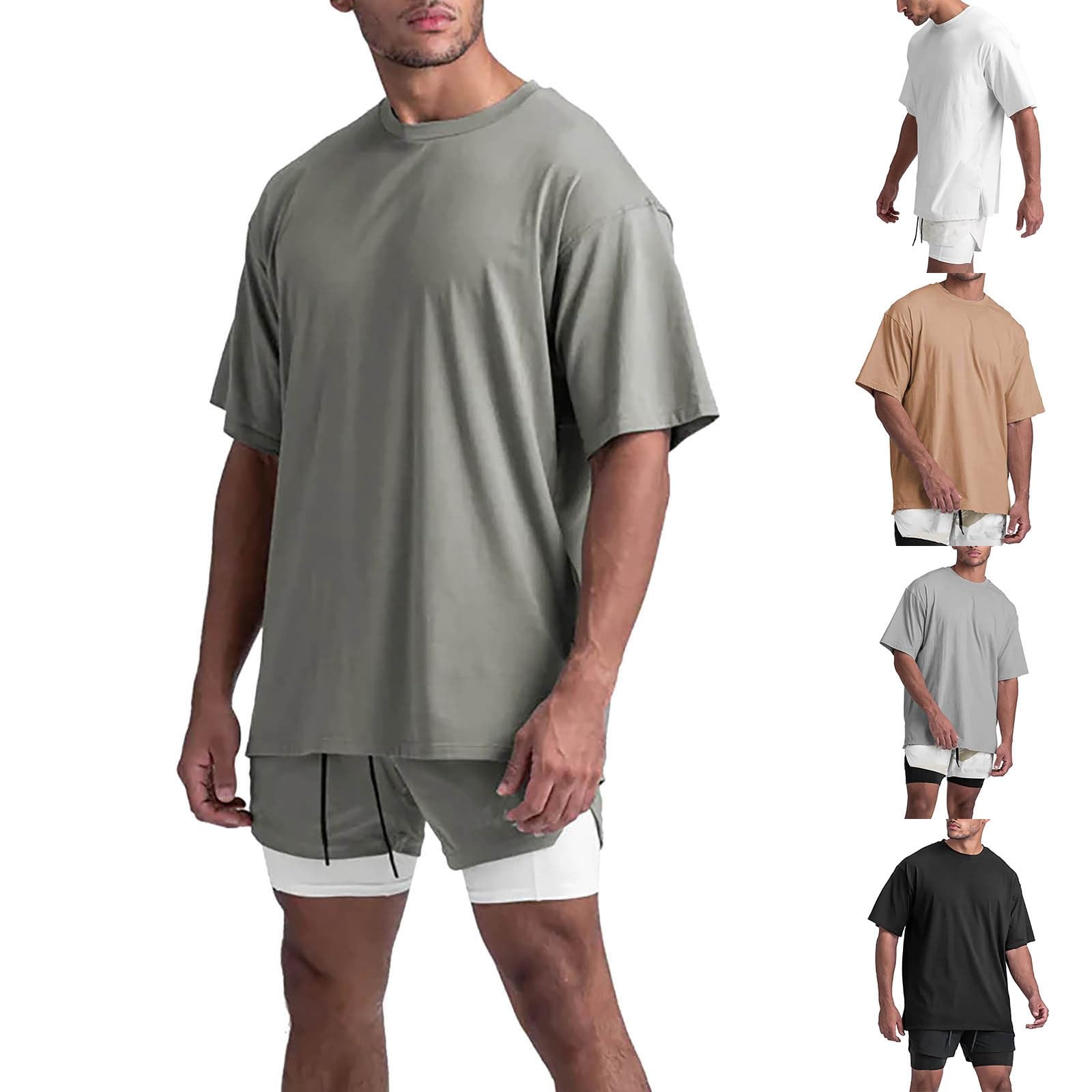 Maglietta da uomo oversize, a maniche corte, in cotone, con scollo rotondo, tinta unita, da uomo, a tre quarti, per il tempo libero