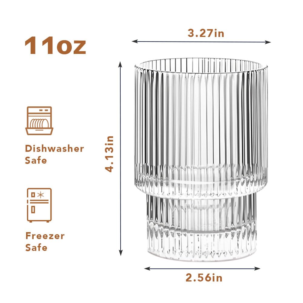 Ribbed Glassware Set of 4, 11oz Clear-Short Origami Style Drinking Glass Cup, Iced Coffee, Cocktail, Beer, Juice Drinking Glasses