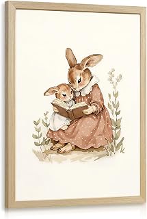 HLXRAE Vintage Mother and Baby Bunny Reading Wall Art, Wood Framed 12x16 In | Vintage Rabbit Family Wall Decor, Cute Storybook Animal Poster Print, Cottage Nursery Artwork for Kids Room Bedroom Playroom