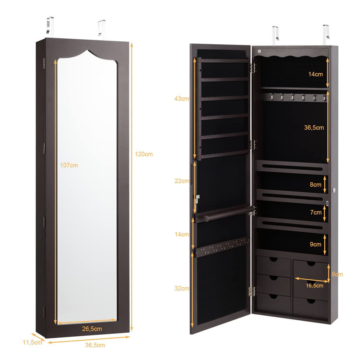 Sieradenkast hangend, wandspiegel, 6 LED-gloeilampen, afsluitbare
