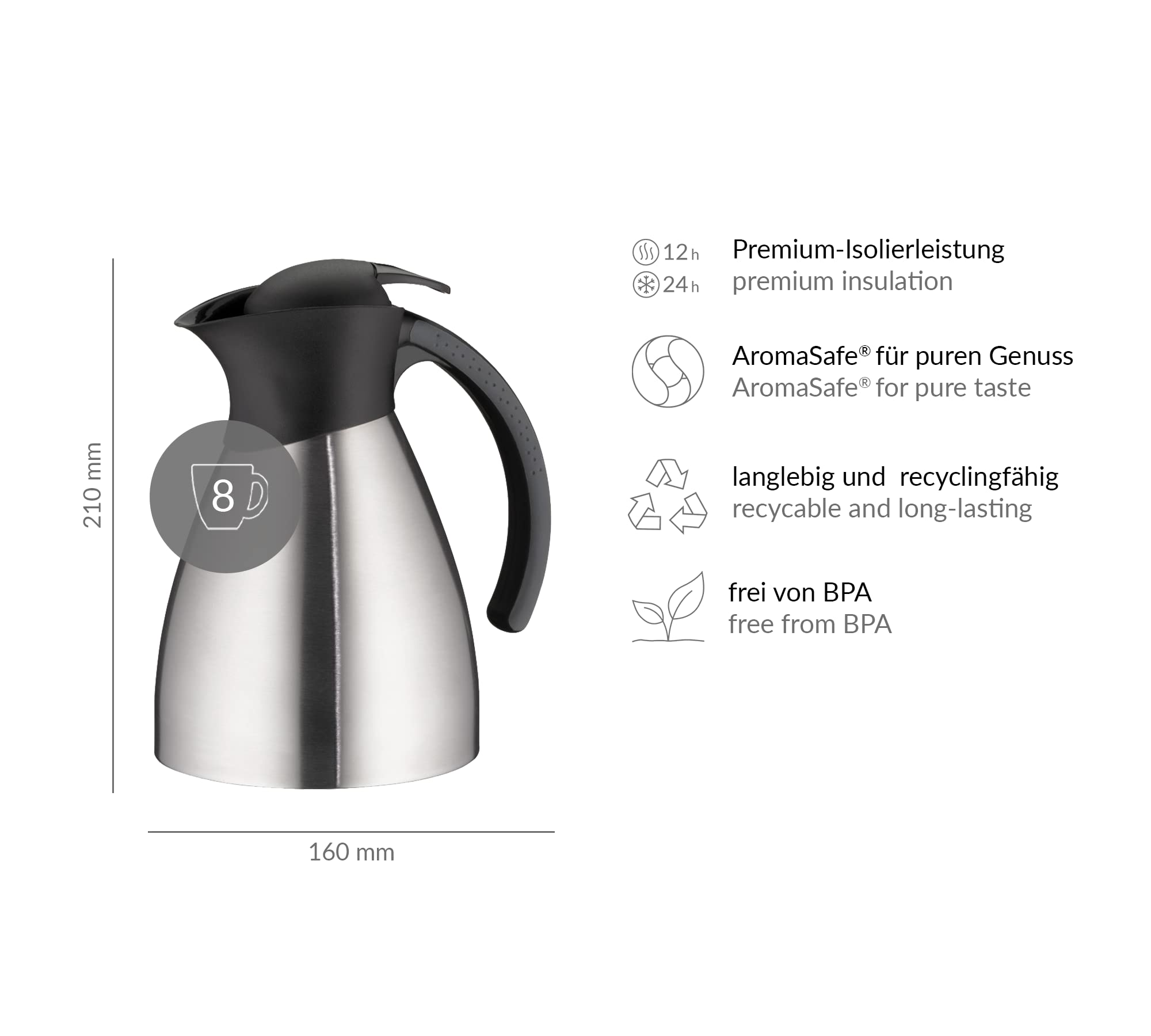 alfi Bono TT 1,0 l, Jarra de Doble Pared de Acero Inoxidable con plástico Negro, Mantiene el Calor 12 Horas y el frío 24 Horas, tapón de Rosca con pulsador, Jarra térmica, para lavavajillas, sin BPA
