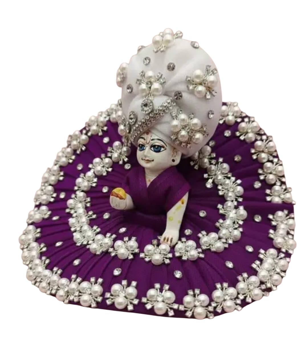Laddu Gopal Poshak with Pagdi Heavy Pearl Border Dress| Designer Pearl & Stone Work Poshak for Thakurji,Kanha Ji,Krishna Ji Decoration Festive Pooja Wear-image-7
