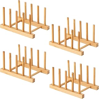 Yuixoseu 4 Pcs Bamboo Wooden Dish Rack, Plate Organizer for Cabinet Space Saver and Kitchen Counter, Bowl/Cup/Pot Lid/Cutting Board Drying Holder (4 Slots)