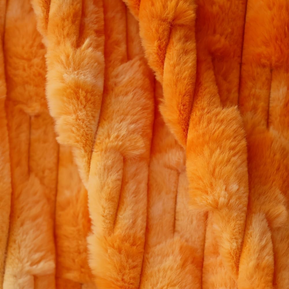 Doule Layer Super Soft Faux Fur Throw Blanket, Ribbed Bamboo Design,Sofa Cover Cozy Couch Blanket, Gift for Women Girls and Kids (Tie Dye Orange,Throw (51" x 63"))