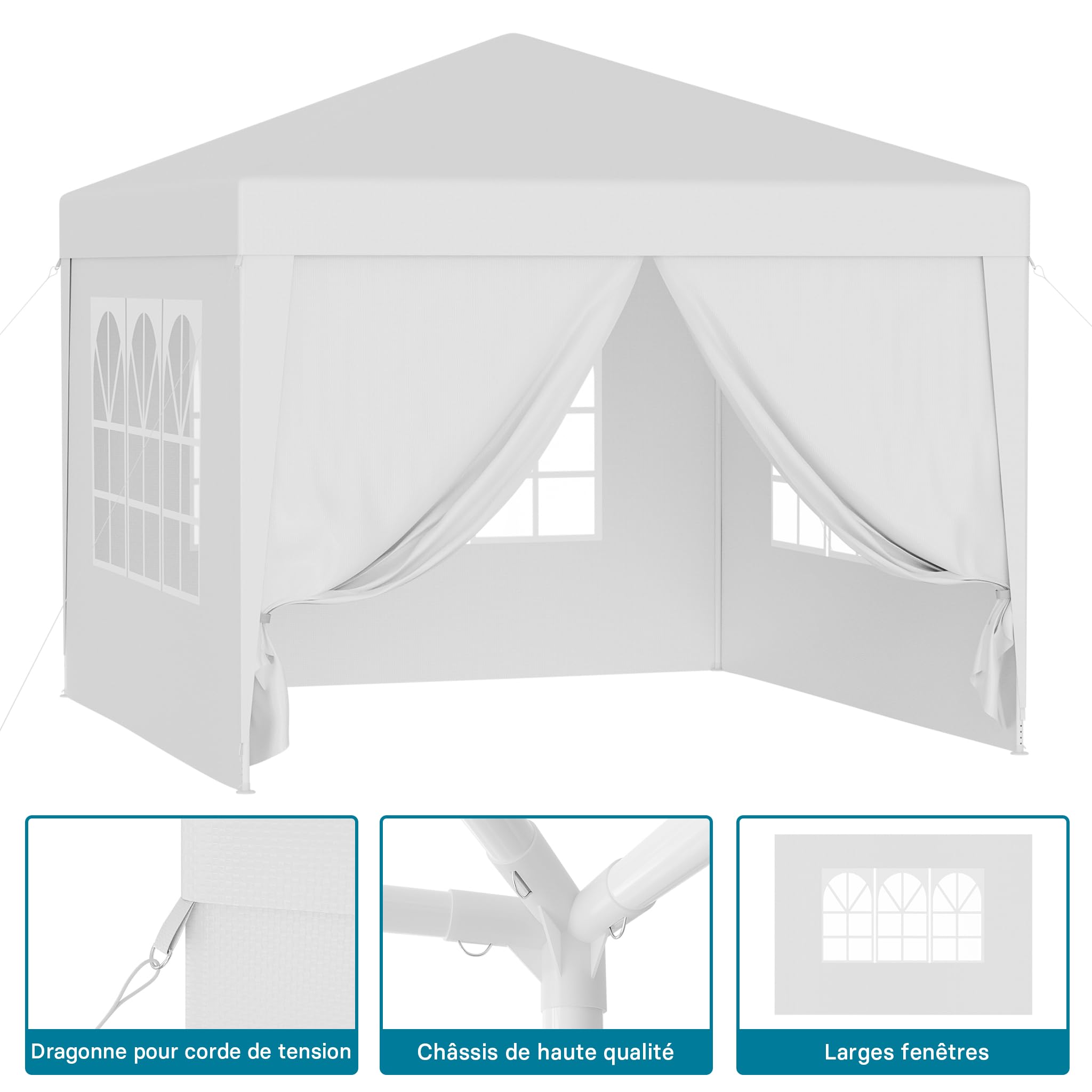 Wiltec Pavillon 3 x 3 m en Blanc avec Protection UV 50+, Gazebo de Jardin avec côtés Amovibles, Tente de réception avec fenêtres pour terrasse et Festival, par Exemple