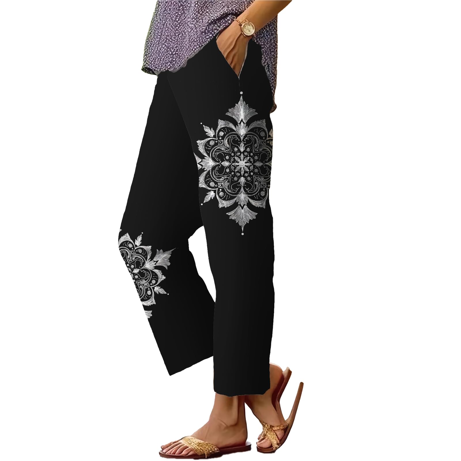Womens Japanese Art Print Straight Leg Pants High Waist Elastic Baggy Trousers Business Work Casual Pants with Packet