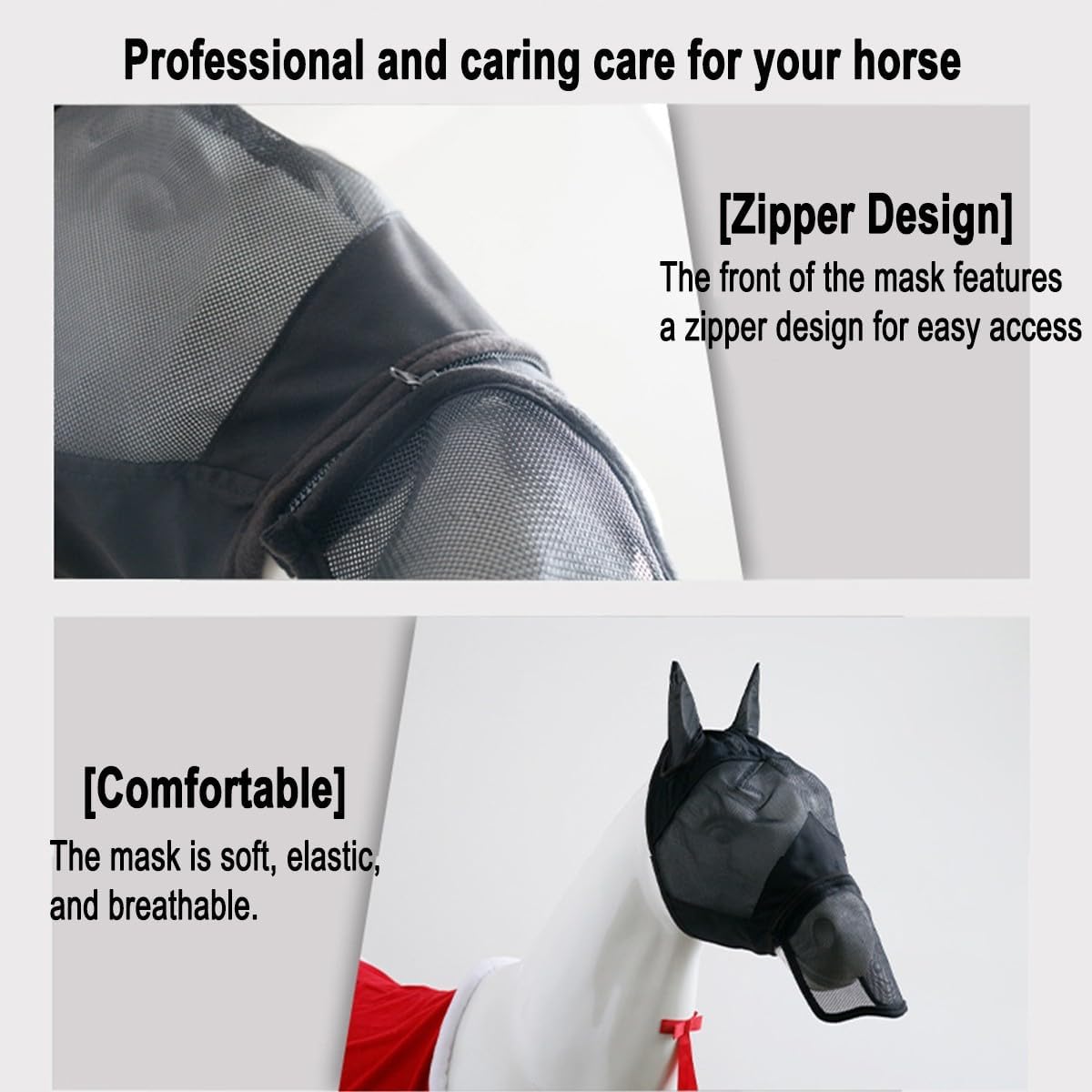Horse Face Mask, Fly Mask with Nose Cover, Full Face, UV Protection, Breathability(Black)