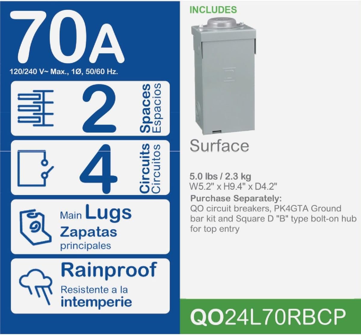 Square D Main Lug Load Center 70 Amp 2 Space Boxed