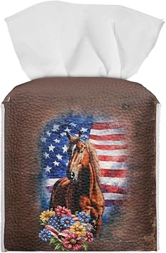 American Flag Tissue Box Cover Square Facial Paper Case Flower Horse Tissue Holder Leather Tissues Cube Box Holder Patriotic Decorate for Bathroom Vanity Countertop,Night Stands,Office Desk