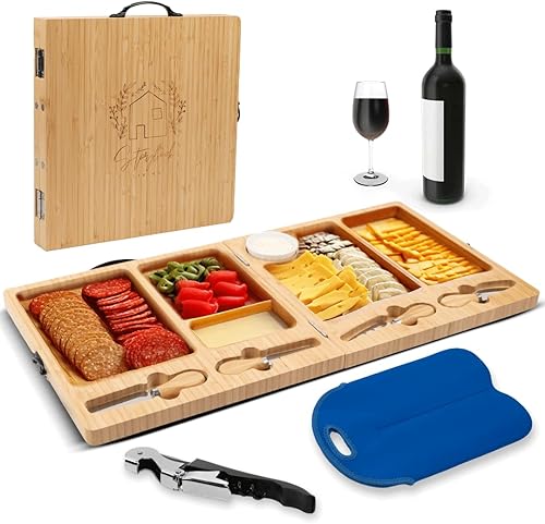 Vista 8 de Tabla de charcutería – Tabla grande de queso de bambú con juego de cuchillos magnéticos – Plato de queso de madera – Tabla de charcutería plegable
