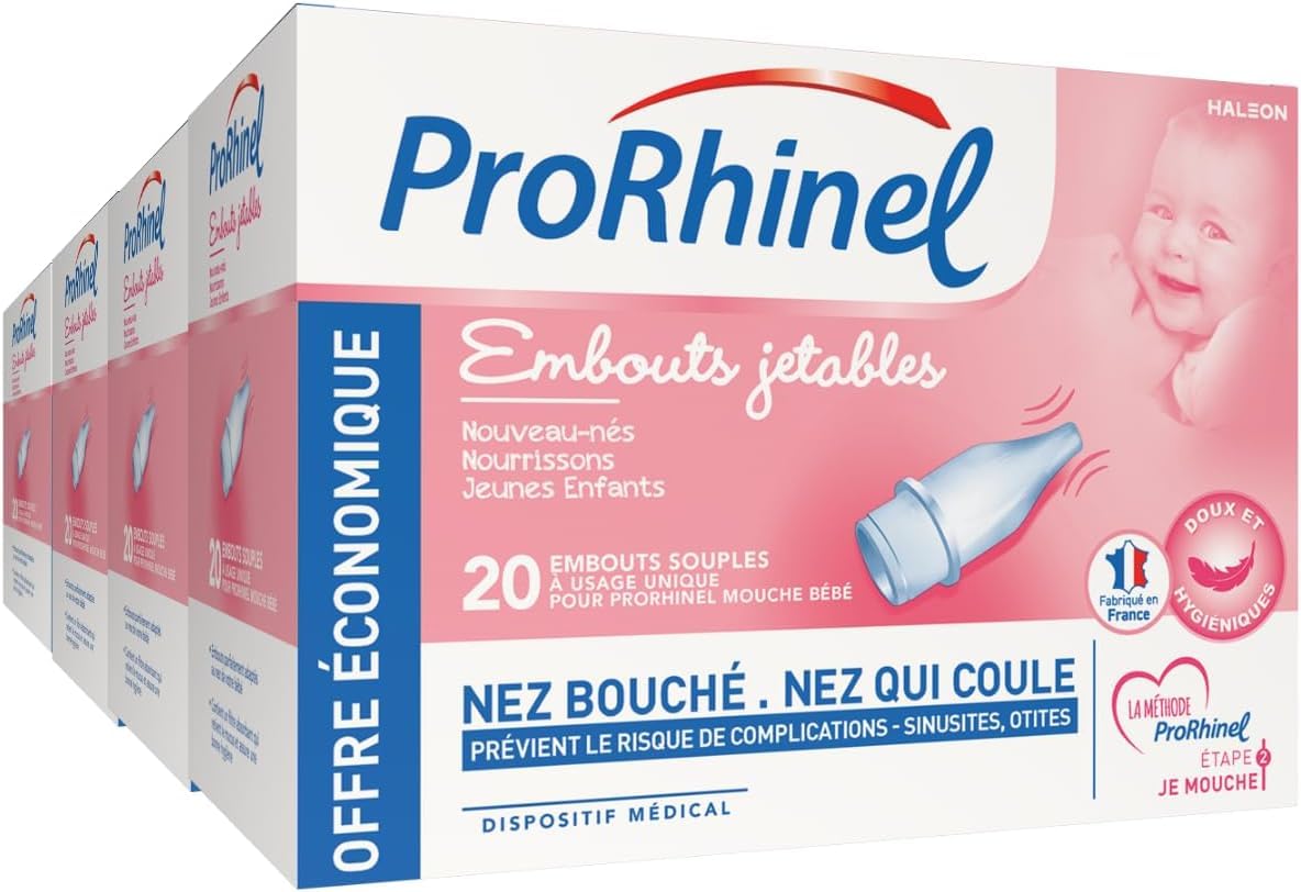 Prorhinel Embouts Jetables Mouche Bébé Manuel, pour Nez Bouché et Ecoulement Nasal, Fabriqué en France, 20 Embouts Souples - Lot de 4