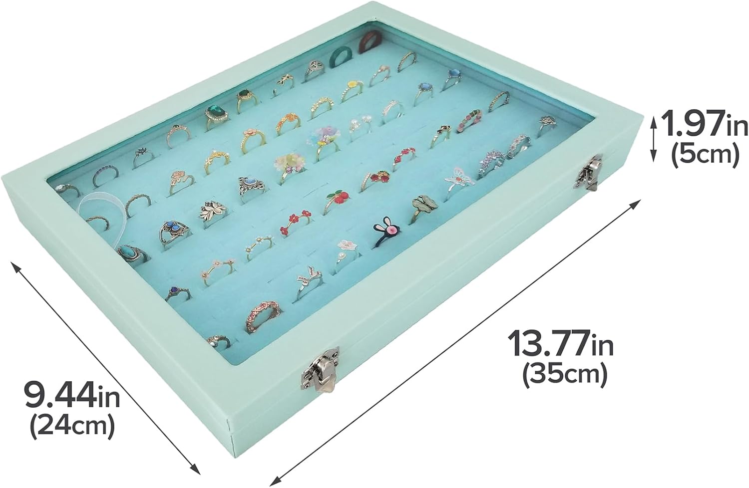 100 Slots Jewelry Ring Holder Box with Dust-Resistant Clear Glass Lid - Women Large Jewelry Organizer Box for Storage,Display,Home,Market(Blue)