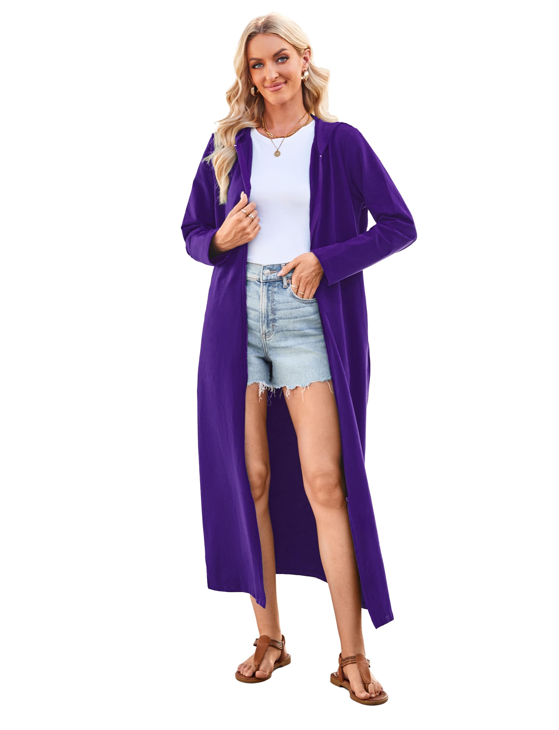 VOGMATE Damen Morgenmantel Reißverschluss Leichter Lang Bademantel mit Kapuze Baumwolle Kuschelig Hausmantel Dünn Hoodies und Sweatshirts