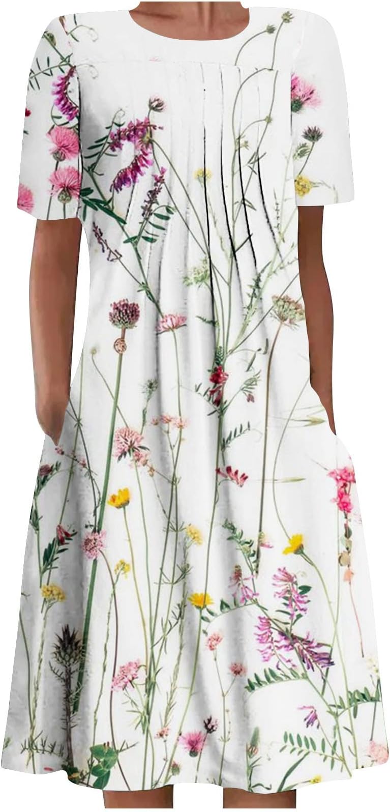 GenericFloral Printed Casual Dress for Women Summer Crewneck Short Sleeve Swing Pleated Midi Dress Beach Party Sundress