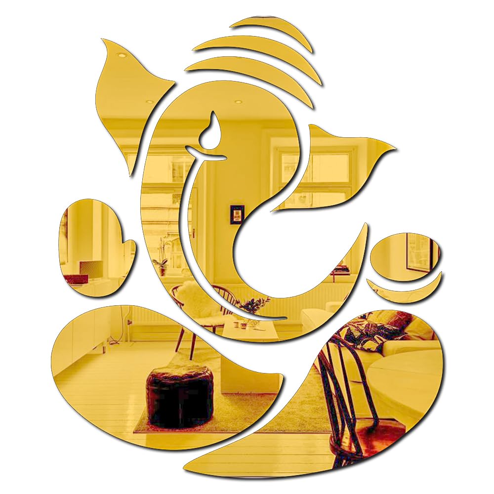 Bikri Kendra - Ganpati Golden Mirror Stickers for Wall, Acrylic Mirror, 3D Stickers, Wall Stickers for Room Hall Home and Office-Self-Adhesive