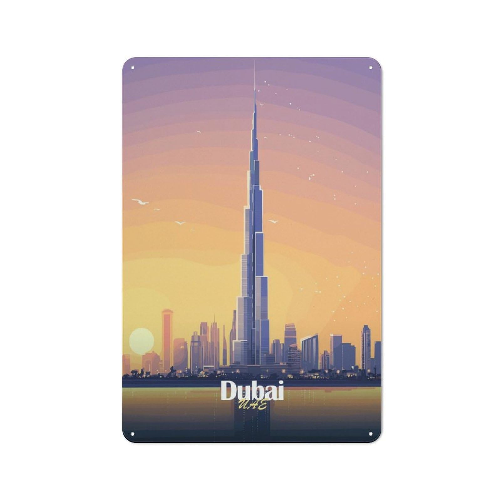 Junmoney Style-4 Tin Wall Plaque 30X20cm With Dubai Skyline At Sunset For Guest Room Or Hallway, For Garage, Workshop And Man Cave Decoration