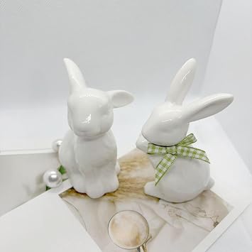 2 Pieces Easter Bunny Porcelain White Bunny Figurine Ceramic Rabbit Statue Holiday Rabbit Decoration Easter Sculpture Desk Ornament For Home Decorations