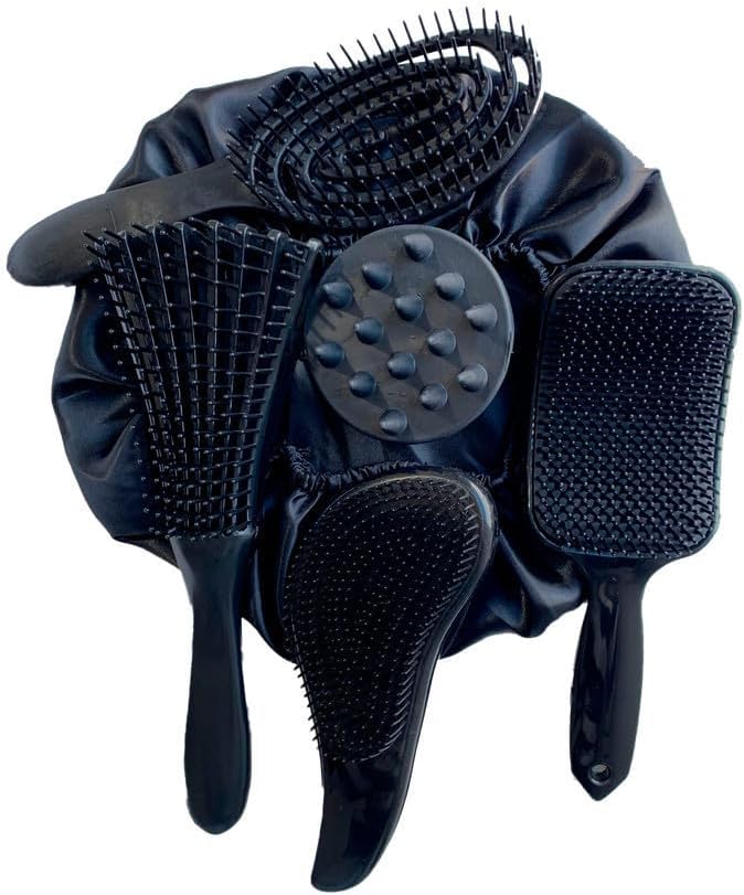 Kit 5 Escovas de Cabelo + Touca de Cetim – Raquete Fashion, Mágica, Polvo, Massageadora de Silicone (Preto)