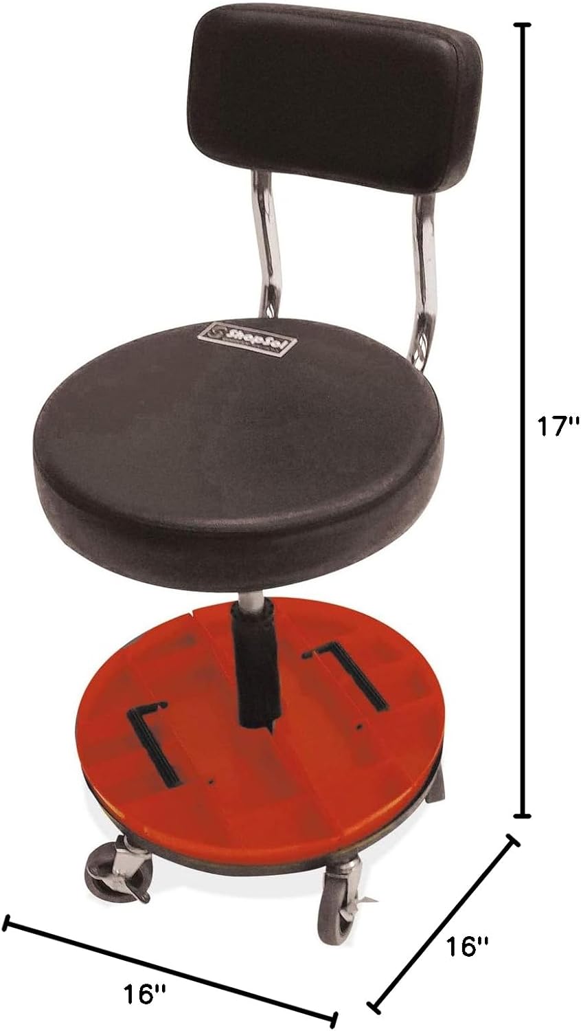 1010277 Mechanics Trolley Stool with Backrest and Removable Parts Tray, 300-Pound Capacity