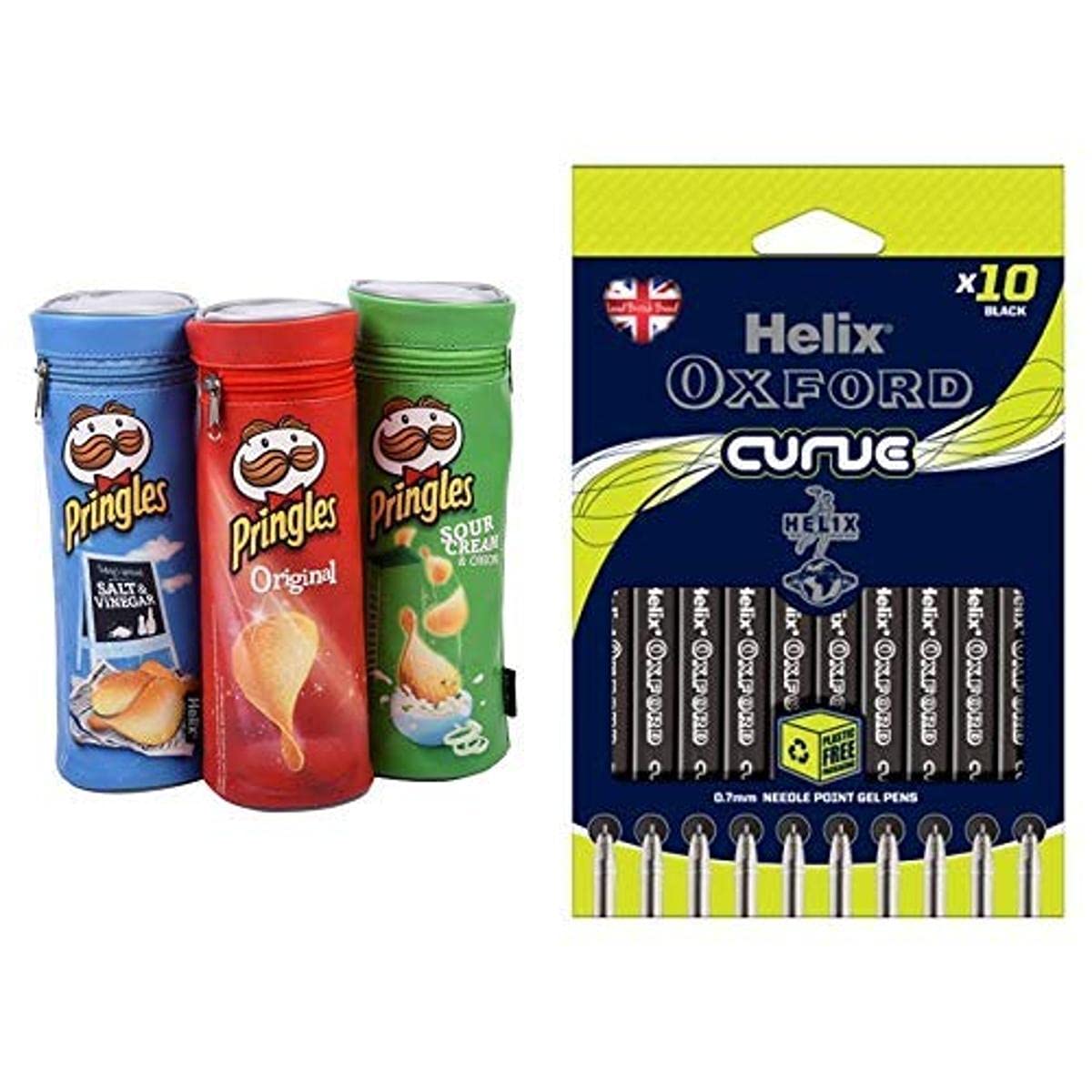 Pringles Pencil Case & Helix Oxford Curve Pens (10 Pack of Black)