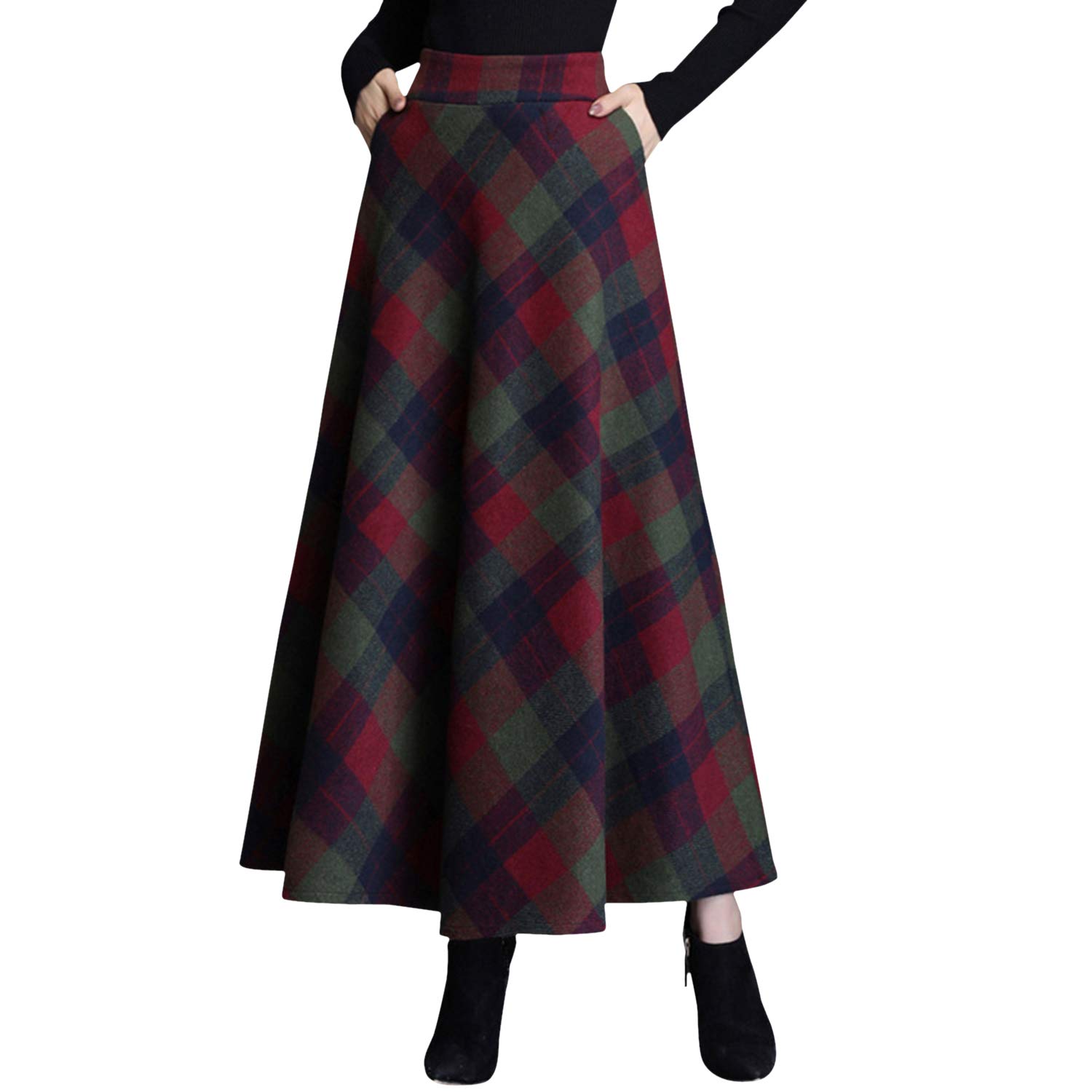 Long Plaid Skirts Women's Pleated Cotton Blend A-line Winter Warm Tartan Skirt Dress