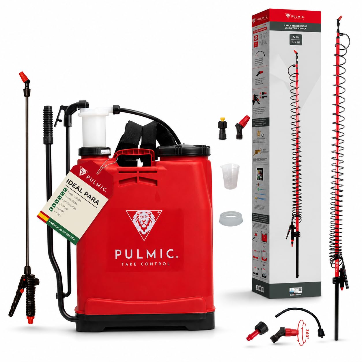 PULMIC Pulverizador Manual de Espalda 16L Profesional + Lanza Telescópica 5 Metros, Sulfatadora para Fumigar Herbicidas e Insecticidas, Mochila Pulverizadora con Lanza Extensible Fibra de Vidrio