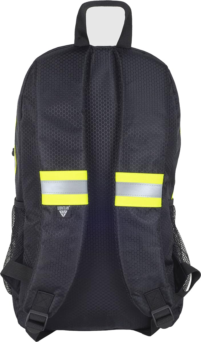 WORKTEAM Mochila de Trabajo, Multibolsillos 17L con Cintas Reflectantes de Alta Visibilidad, Cierre de Contacto Frontal Para Parches Identificativos Negro Amarillo Flúor