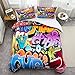 Produktbild Loussiesd Graffiti Style Bettwäsche Set Kinder Hip Hop Thema Tröster Abdeckung für Jungen Teenager Jugend Illustration, Mann Bettbezug Street Culture 135x200cm Bettbezug 2 Stück mit Reißverschluss