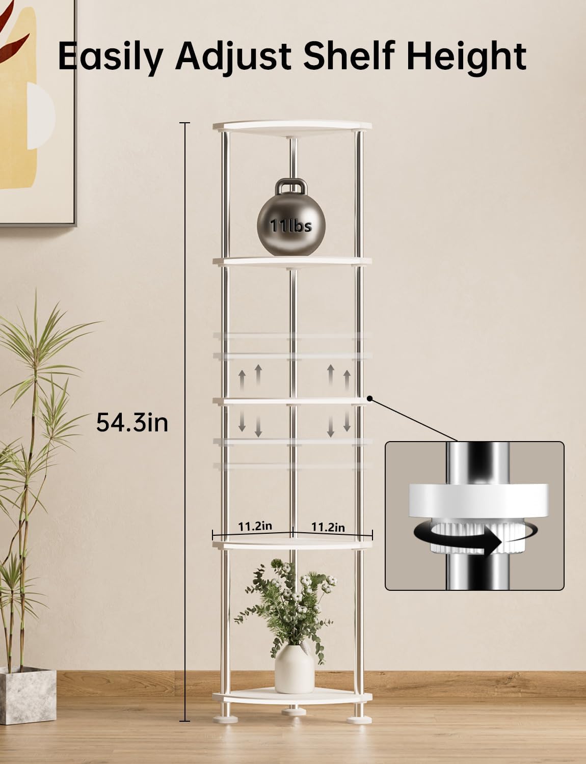 Floor Lamp, Corner Standing Lamp with Shelves, Dimmable Light, Music Sync, Timing, Wireless Charger, and USB Port (White, 5 Tiers) Corner Lamp with Shelves for Christmas Birthday Gifts