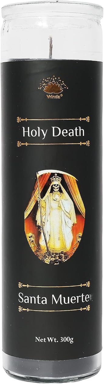 Vrinda Holy Death Santa Muerte 7-Day Glass Prayer Candle, Infused with Essential Oils, Voodoo, Hoodoo, Intention Candle, Magick, Wiccan, Pagan, Manifestation Jar Candle, 300g, Black