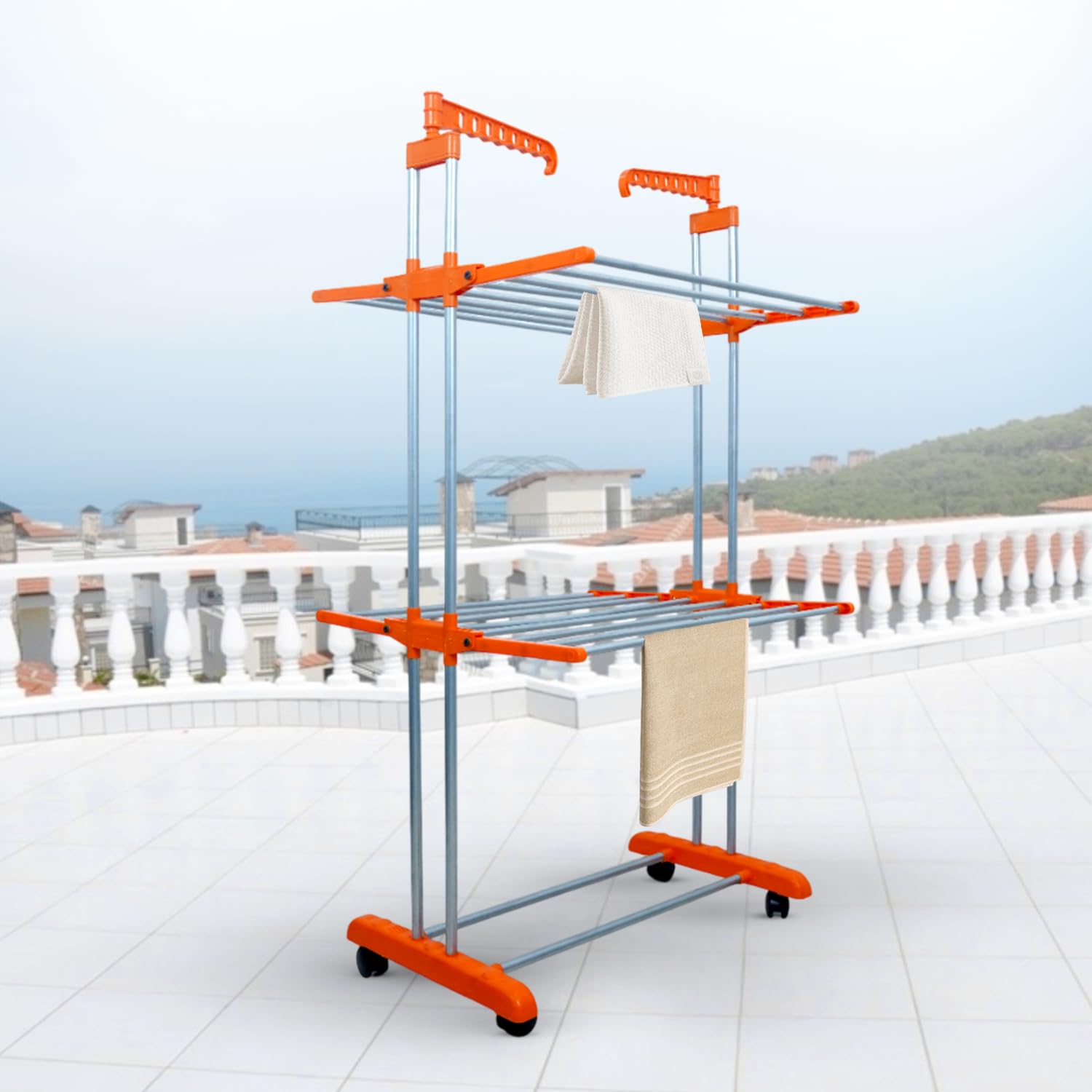 BonKaso Jumbo 2 Layer Cloth Drying Stand with Silver Coating, Orange Moulding-image-21