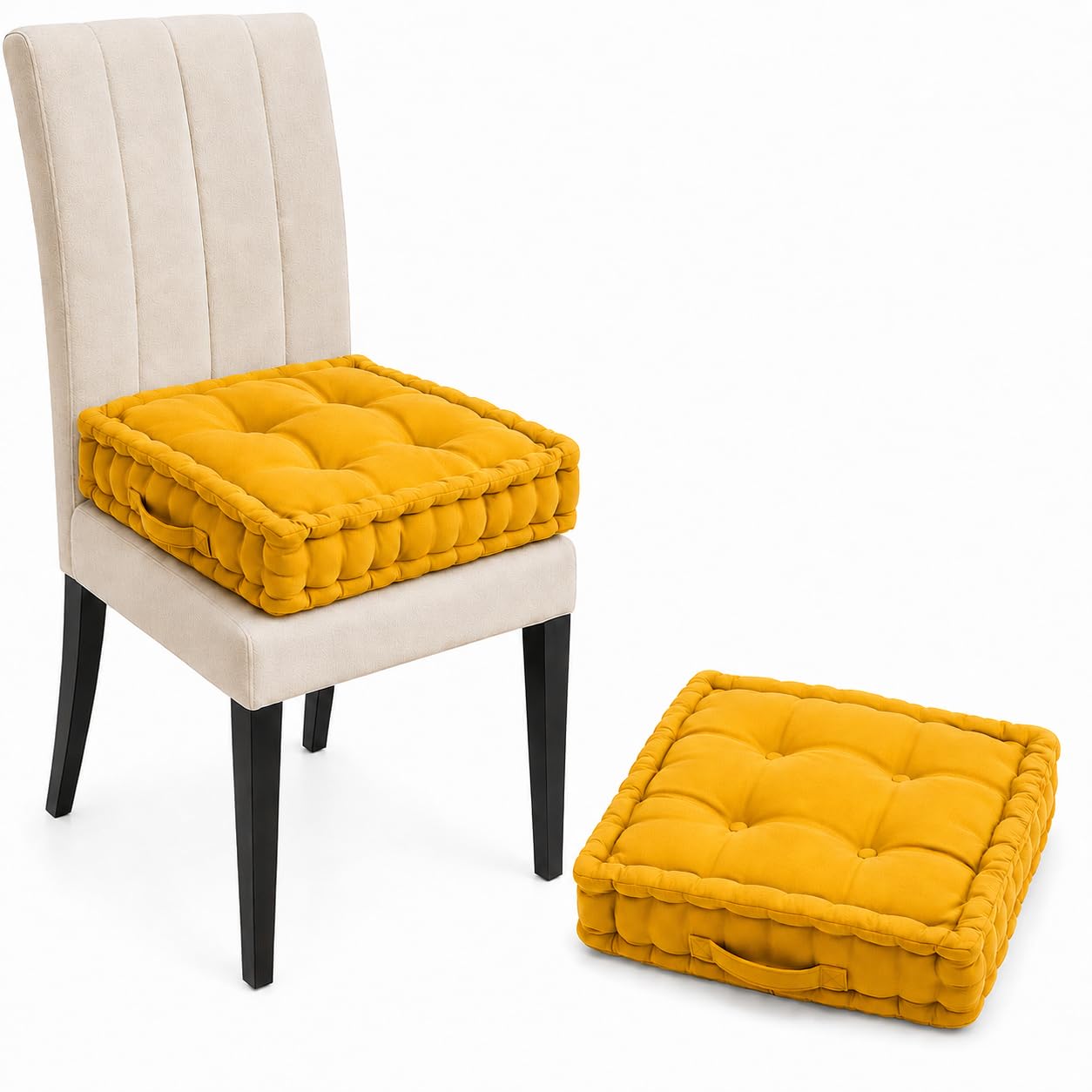 Chair Booster Cushion 45 x 45 x 10 cm | Thick 100% Cotton Filled Seat Pad with Carry Strap | Soft Tufted Square Chair Cushion with Polyester & Viscose Cover | Dining, Kitchen & Office – Mustard