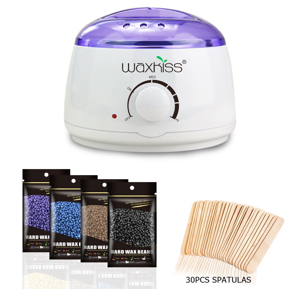 Wax Warmer for Hair Removal,Electric Hot Melting Waxing Heater Kit with 4 x 3.5oz / 100g Hard Wax Beans and 30 wax Applicator Sticks,Depilatory Warming Pot for Women at Home