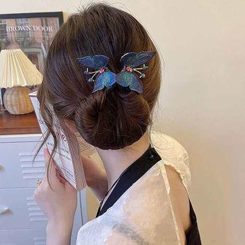 Miniatura 4 de 2 piezas de cuerda de pelo perezoso bordada doble mariposa mágica clip de pelo giratorio banda para el pelo rizado artefacto accesorios para el