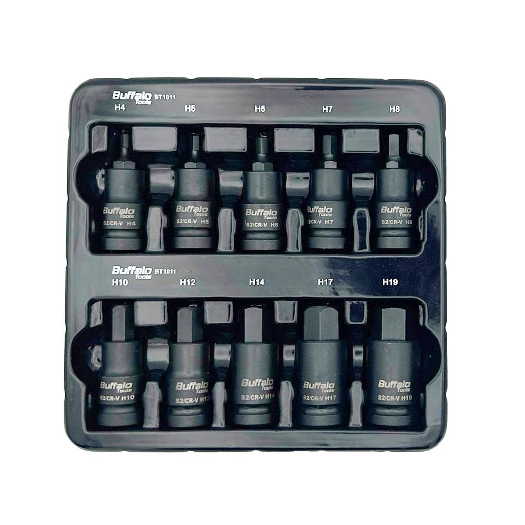 10pcs Impact Hex Bit Socket Set 1/2'' Drive H4, H5, H6, H7, H8, H10, H12, H14, H17, H19