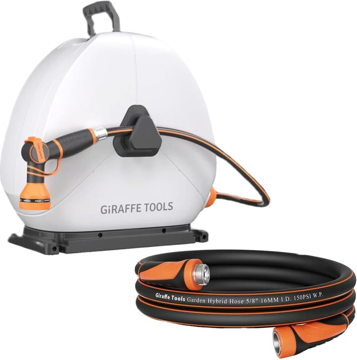 Giraffe Tools Ground Mounted Retractable Hose Reel 1/2 Inch x 130FT, Heavy Duty Automatic Rewind Garden Hose Reel and Garden Leader Hose 10ft x 5/8", Short Water Hose Heavy Duty, Lightweight Hybrid