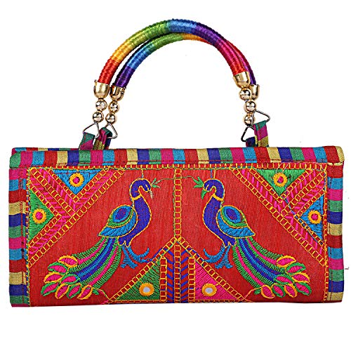 Image of Craft Trade Clutch Bags for Women Rajasthani Jaipuri Embroidered Mirror Work Ethnic Hand Bags and Clutches for Ladies Purse for Girls - 13x25 Cms