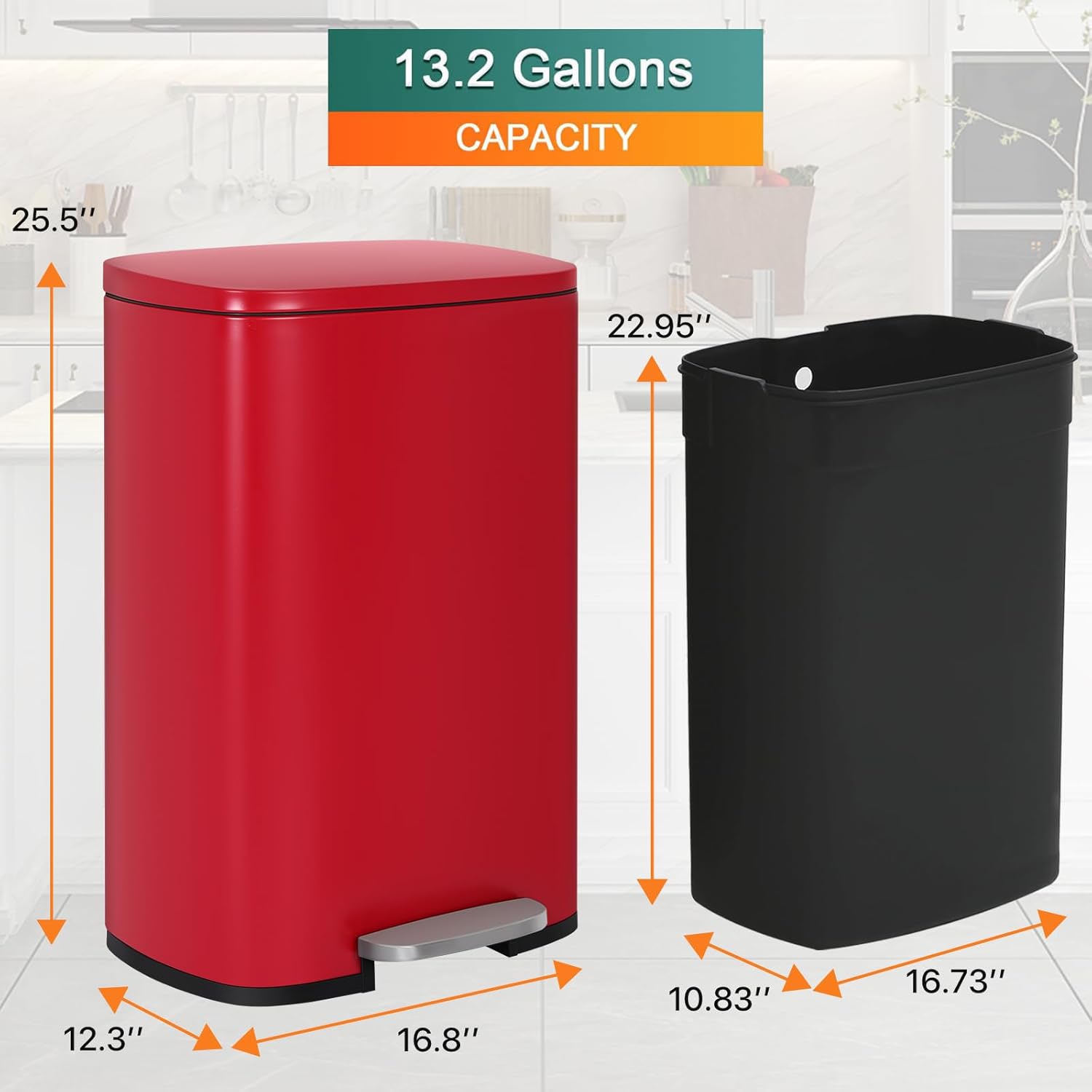 13 Gallon Step Trash Can - 50L Heavy-Duty Stainless Steel Kitchen Garbage Bin with Lid, Odor-Proof Removable Inner Bucket, Quiet Pedal Design, Modern Metal Wastebasket for Home, Office, Bathroom,Red