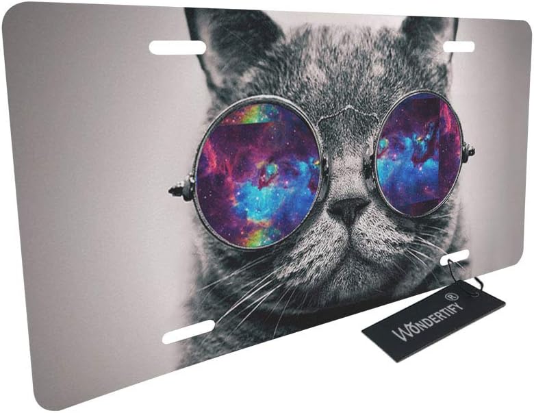 WONDERTIFY License Plate Funny Cat Wear Sunglass with Space Pattern Decorative Car Front License Plate,Vanity Tag,Metal Car Plate,Aluminum Novelty License Plate for Men/Women/Boy/Girl Car,6 X 12 Inch