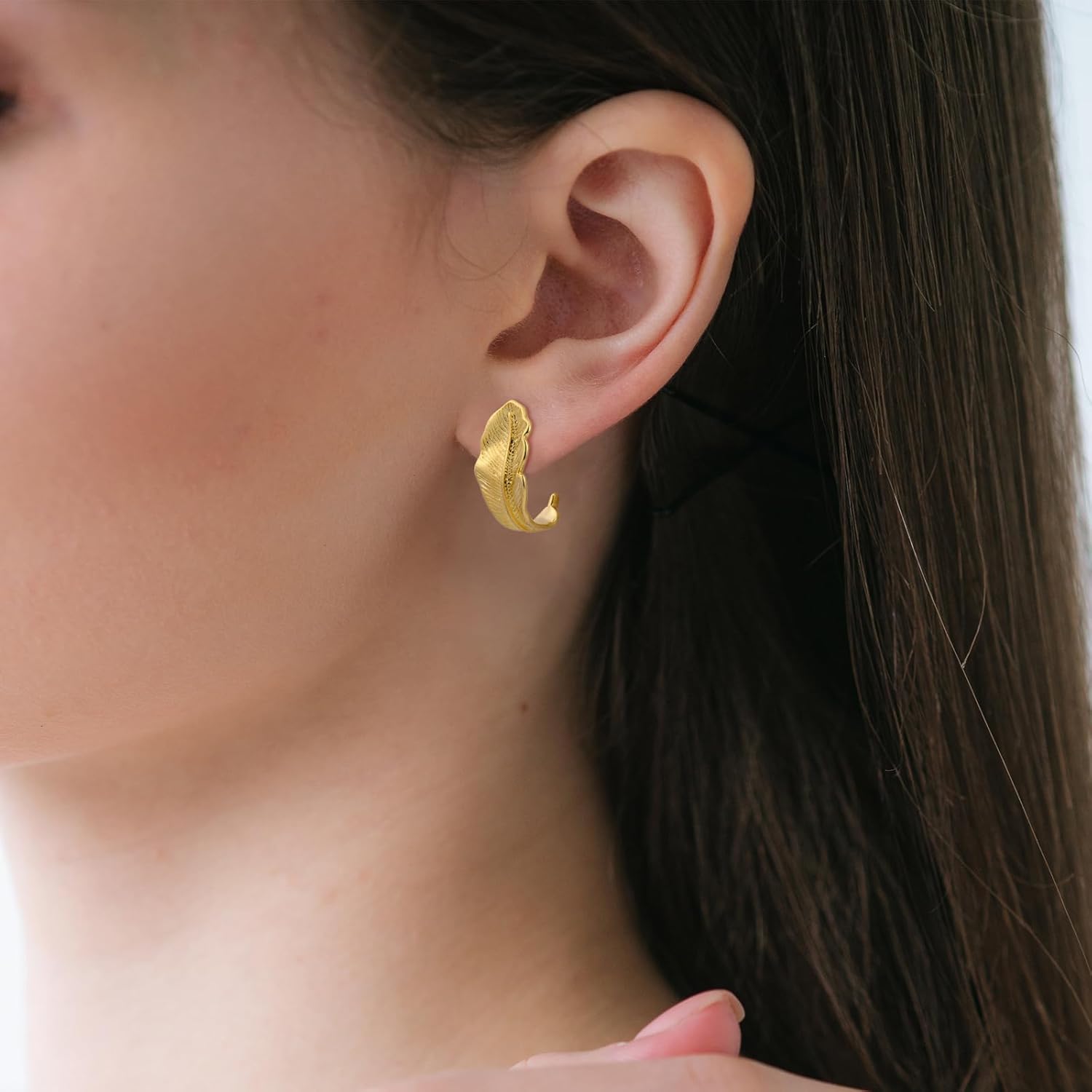 14K Gold Plated Leaf Feather Tropical Chunky Studs Statement Hypoallergenic Hoop Earrings for Women Prom Earrings - Image 2