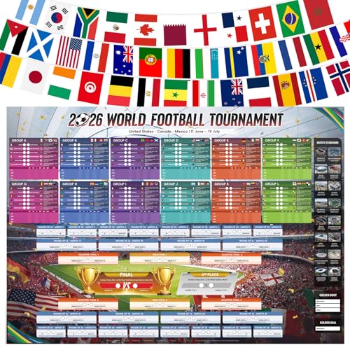 AhfuLife Tableau mural extra large de la Coupe du monde de football 2026 et guirlande de fanions de 15 m et 48 fanions pour décorations de fête, affiche de coupe du monde de 100 x 70 cm avec