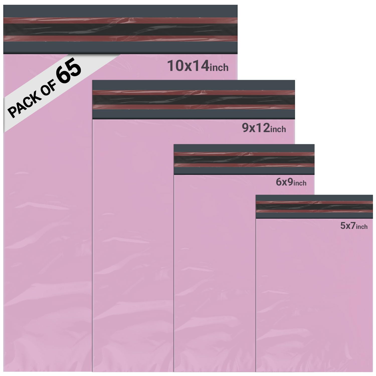 65 Mixed Parcel Bags Baby Pink, Mailer Bags Tamper-Proof Strong Postal Packaging Bags for Shipping, Mailing & Delivery, 4 Sizes Small to Large Bags
