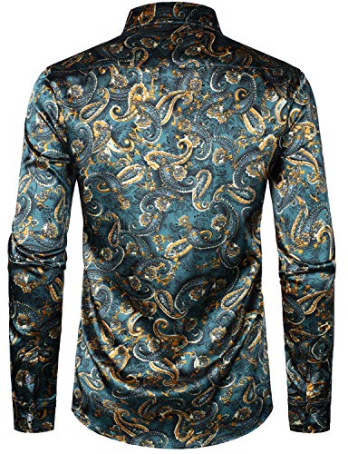 Zeroyaa Men's Hipster Design Silk Like Satin Button Up Paisley Dress Shirt For Party Prom Zlcl31-101-Teal Large #TOP3