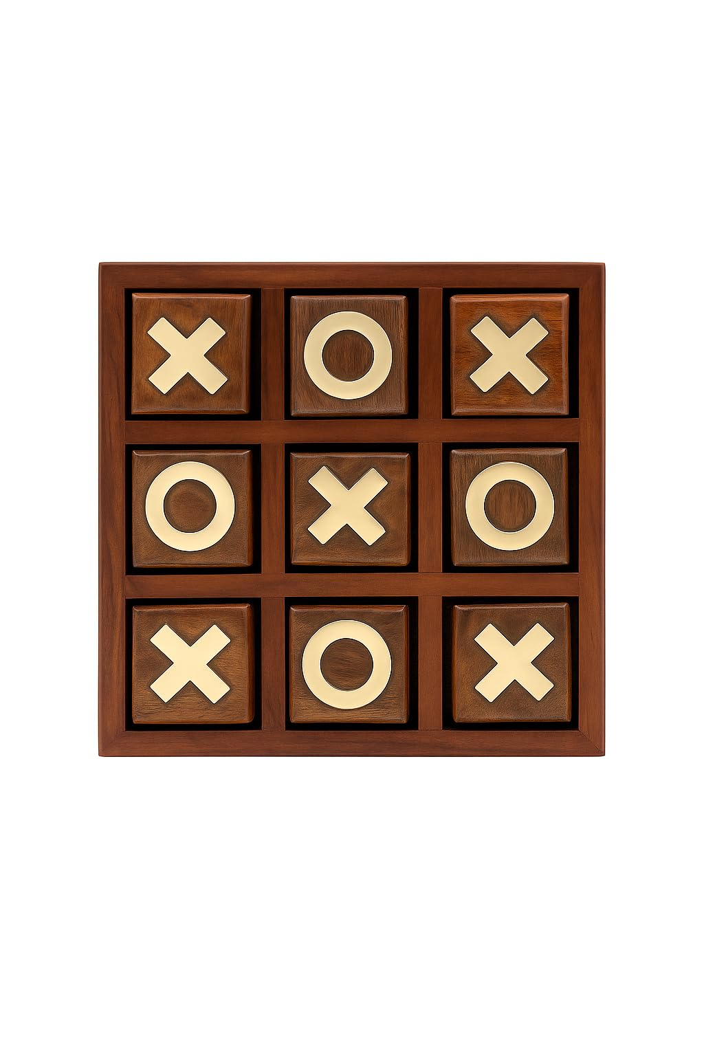 Wooden Tic Tac Toe Game | Wooden XO Blocks Game, Board Games, Travel Game, Christmas Party Game, Solid Wood Base with Golden Brass X & O Pieces