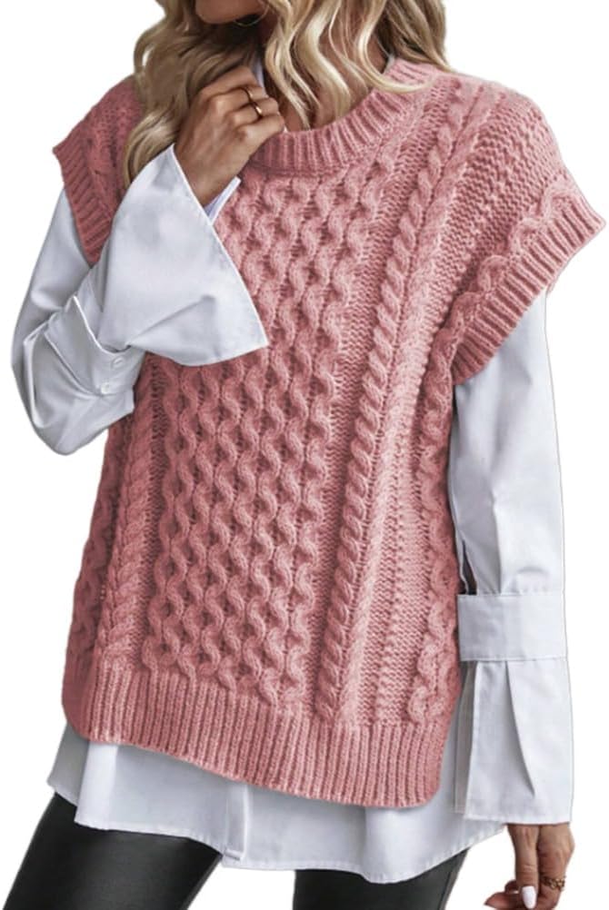 Kinghua Women's Sweater Vests Fall Winter Trendy Crewneck Sleeveless Cable Knit Vest Side Slit Pullover Tops Outwear