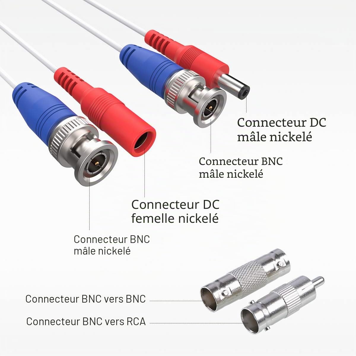 SANNCE 30m/90ft Câble de Video DC Power HD/AHD/TVI Préfabriqué Tout-en-Un BNC Vidéo 4pcs pour CCTV Caméra DVR Système de Sécurité Surveillance Enregistreur Blanc